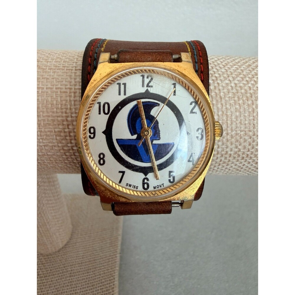 Vintage Swiss Movt Gold Tone Watch Blue Black Logo Brown Leather Cuff Band Cond